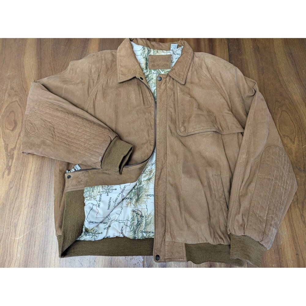 Marlboro Adventure Team Brown Leather Jacket Map Lined Men’s XL Snap Ribbed Cuff